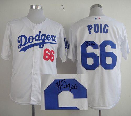 Dodgers #66 Yasiel Puig White Cool Base Autographed Stitched MLB Jersey - Click Image to Close